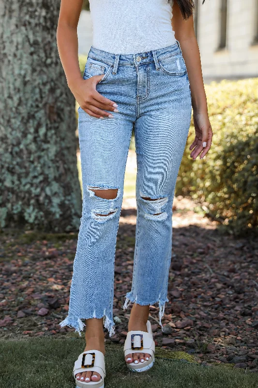 Metal Button Jeans for Classic -Cindy Light Wash Distressed Crop Flare Jeans