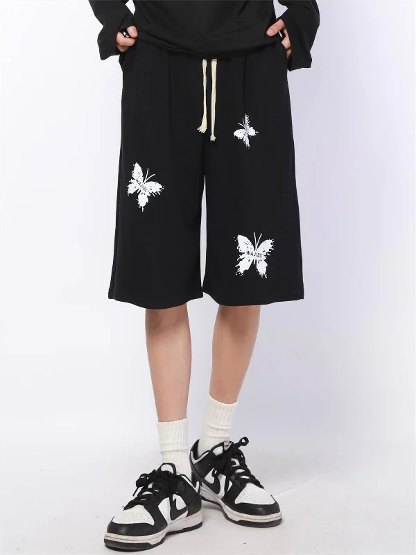 Trendy denim shorts for women with distressed details for an edgy, modern look-Butterfly Graphic Pattern Shorts