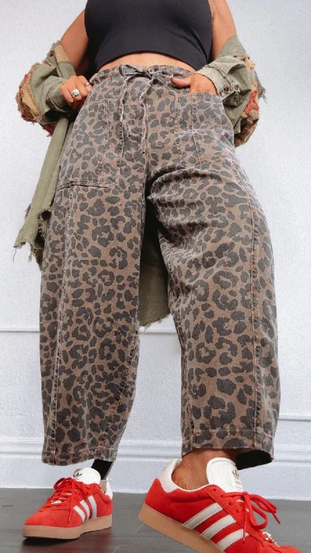 Holiday Jeans for Festive -Barrel Leopard Jeans, Brown