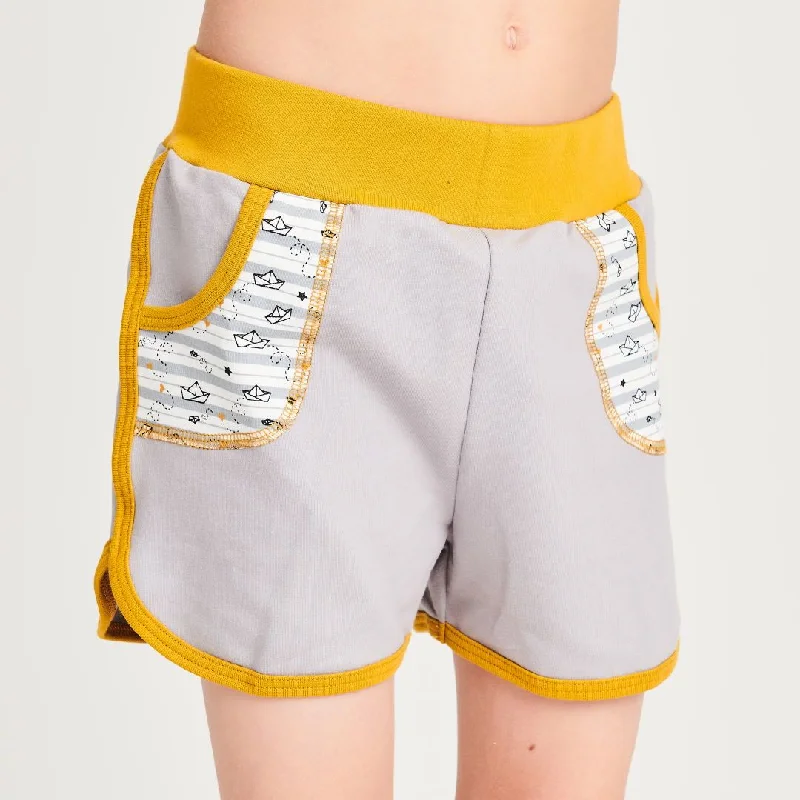 Best running shorts for men with reflective accents for nighttime safety-Organic shorts "Summersweat Grey | My little golden Ship" made from 95% organic cotton and 5% elasthane