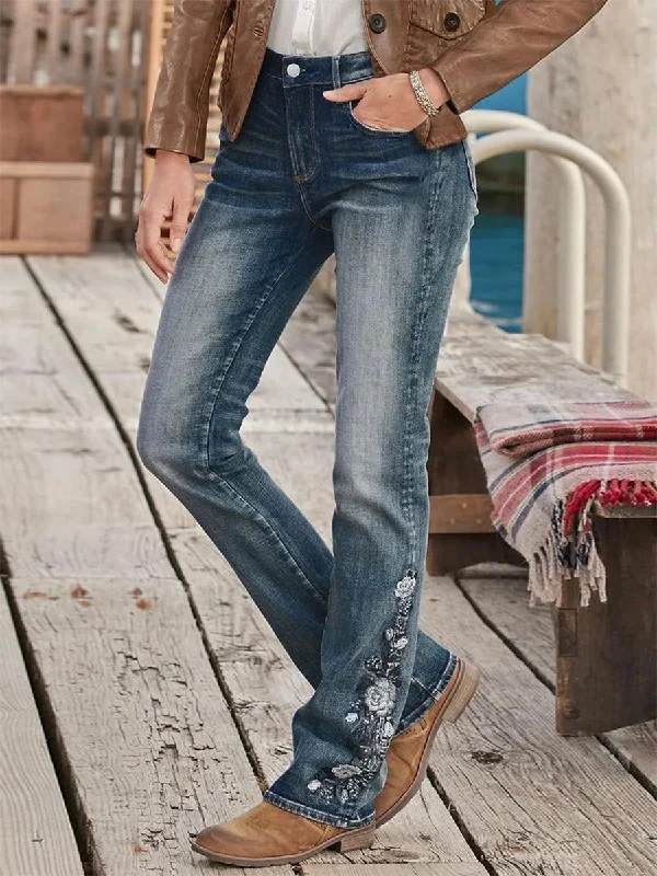 High Waisted Jeans for Shape -Floral Hand Embroidery Mid Waist Bootcut Jeans