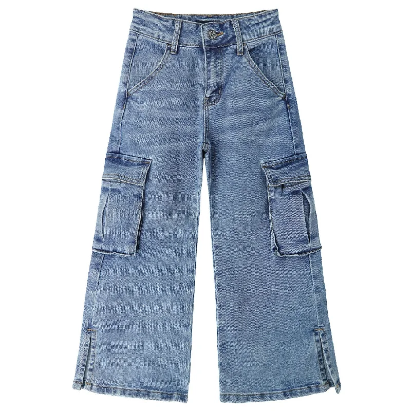 Fishing Jeans for Water -Girls' Cargo Jeans with Flap Pocket, Wide Leg and Split Hem Boyfriend Denim Pants