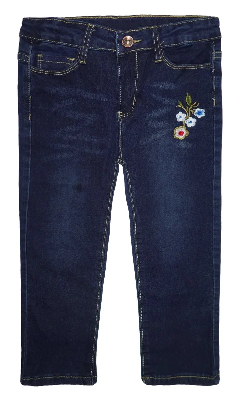 Stretch Jeans for Flexibility -Big Girls Elastic Band Floral Embroidered Stretchy Soft Denim Pants Jeans