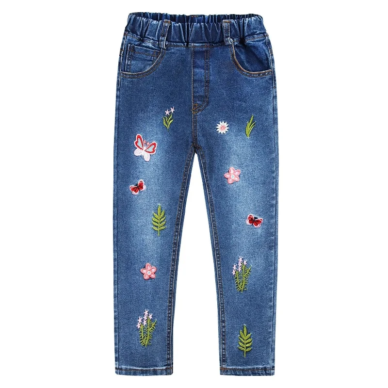 Decorated Back Pocket Jeans for Style -Little Girls Embroidery Slim Jeans Pants