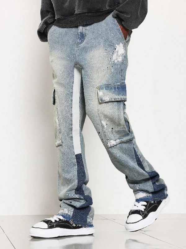 Acid Wash Jeans for Vintage -Flare Fit Colour Block Washed Raw Edge Cargo Jean With Splatter Paint