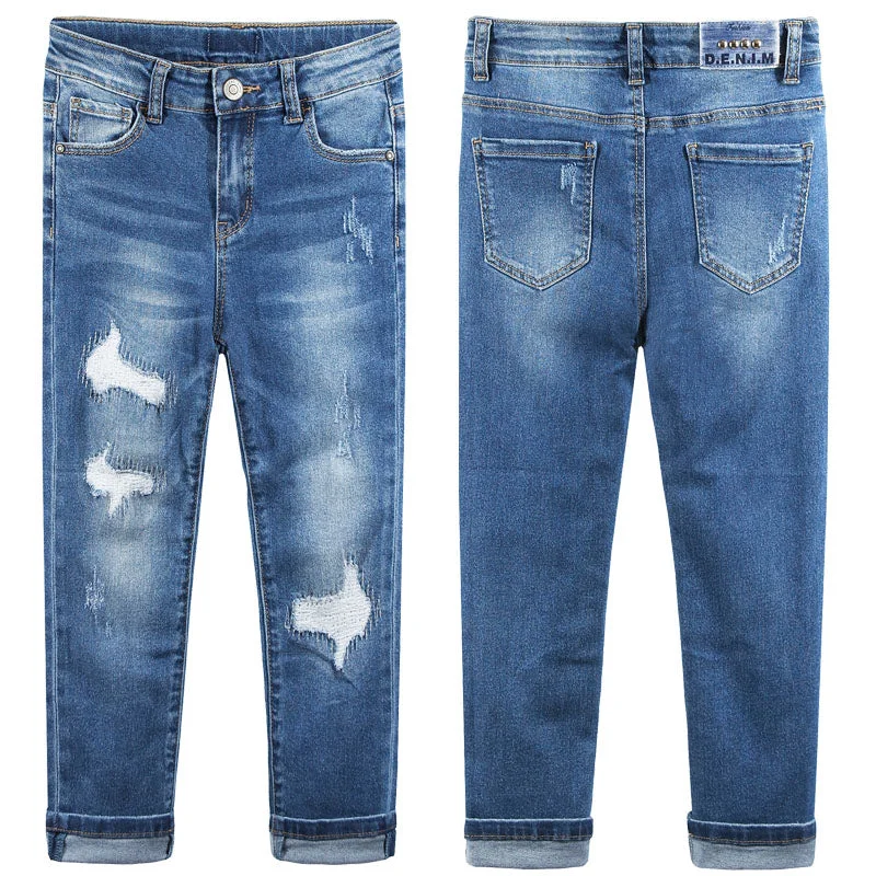 Metal Button Jeans for Classic -Girls Boys Ripped Holes Elastic Band Slim Jeans 9-11T