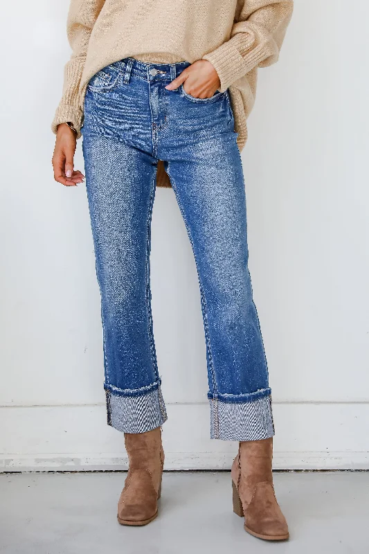 Colored Jeans for Variety -Daphne Medium Wash High-Rise Cuffed Straight Jeans