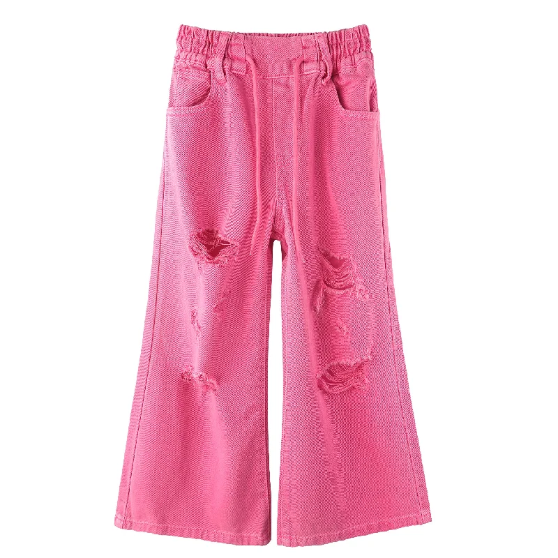 Fashion Jeans for Trendsetter -Girls Wide-leg Colored Denim Jeans, 5-14T Loose Elastic Waist with String Ripped Flared Pants