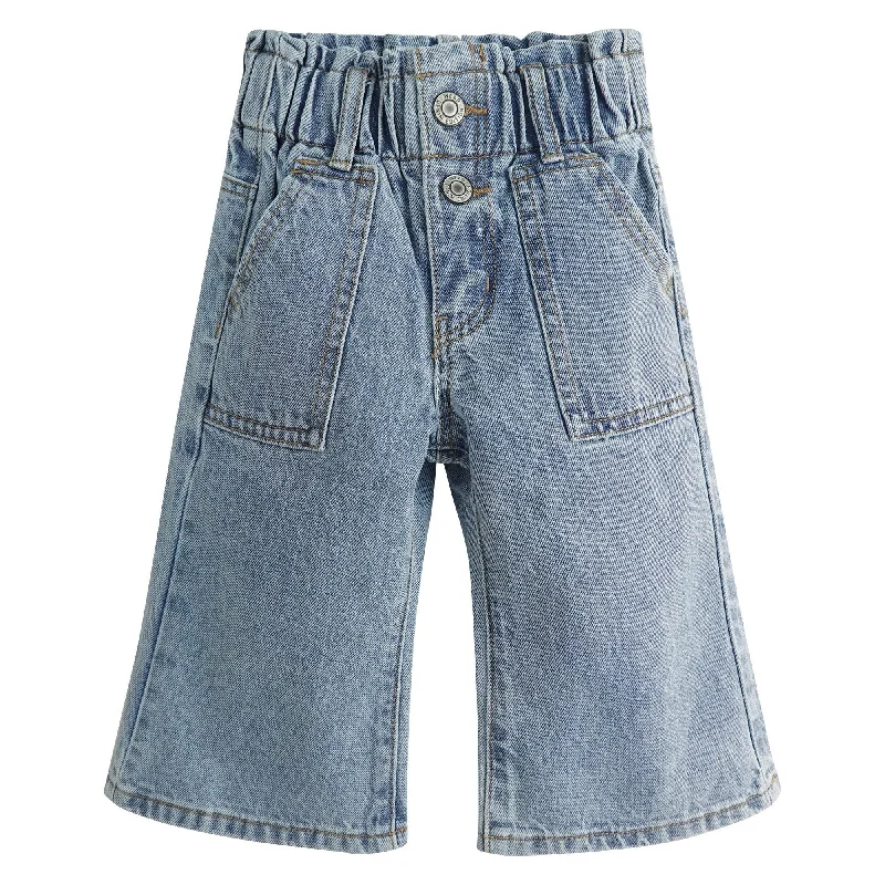 Recycled Jeans for Green -Baby Girls Jeans,Toddler Elastic Waist with D-ring Slant Pockets Wide-leg Denim Pants