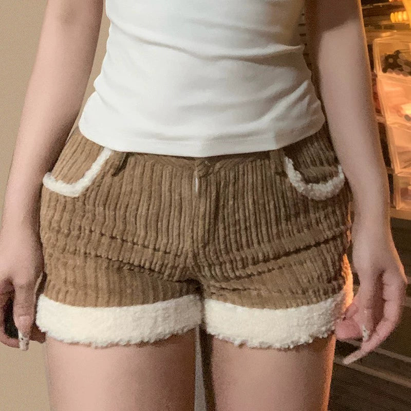 Trendy patterned shorts for women with floral prints for a chic summer look-Koralynn Contrast Corduroy High Waist Shorts