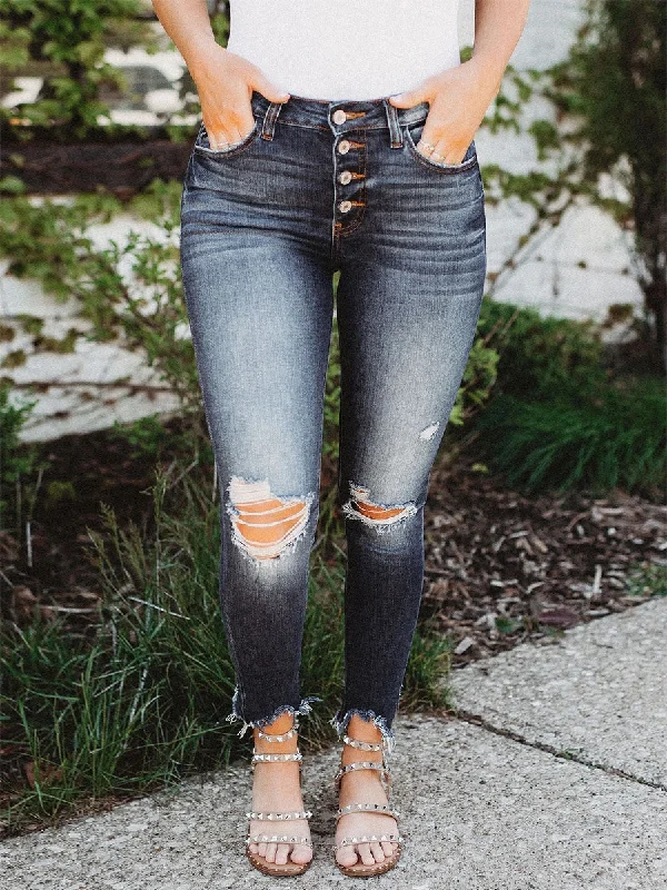 Stonewashed Jeans for Softness -Candy Distressed Skinny Jeans - Dark Blue