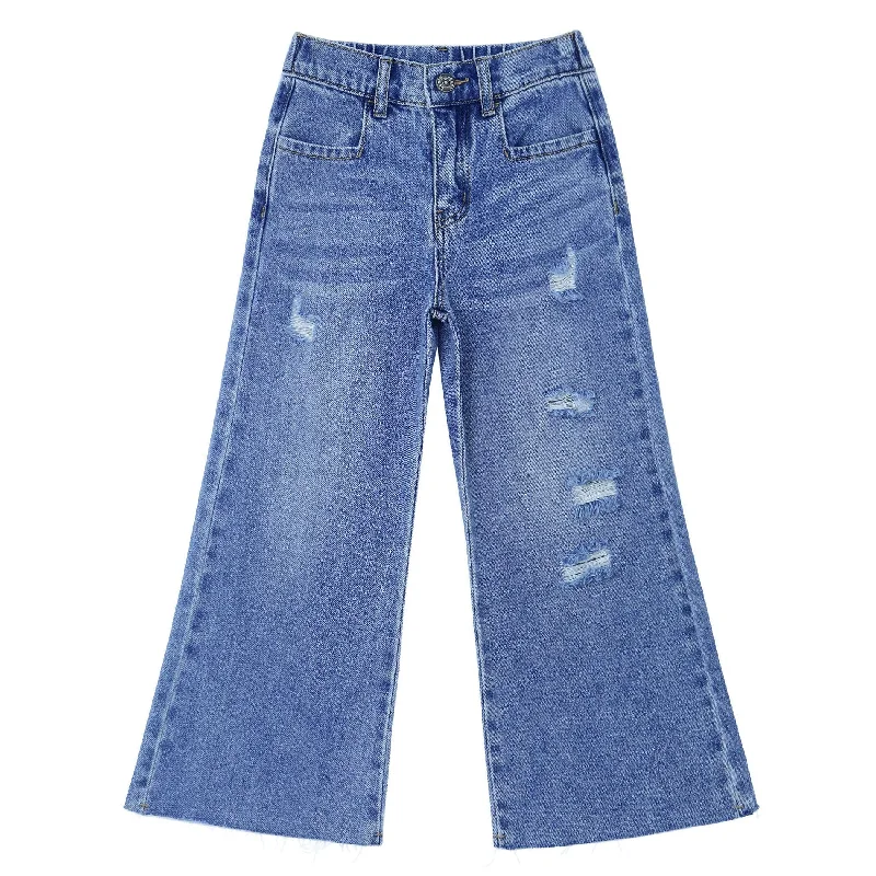 Light Wash Jeans for Casual -Kid Girl Boy,Elastic Band Inside Ripped Denim Wide-Leg Jeans Pants