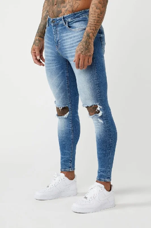 Printed Jeans for Pattern -PREMIUM SKINNY FIT JEANS DESTROYED KNEE - MID BLUE WASH