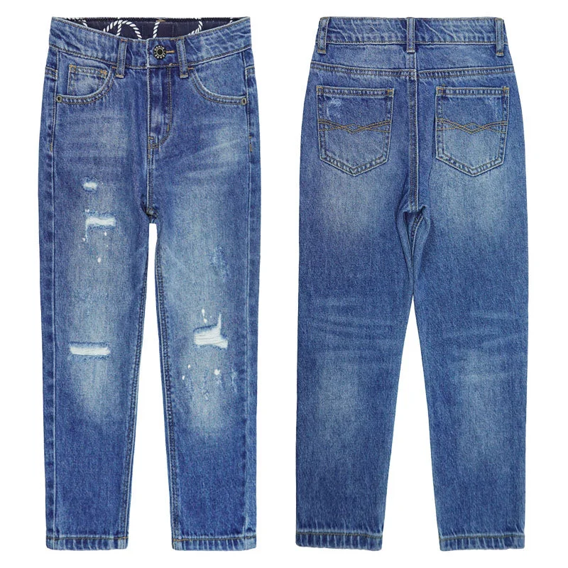 Cropped Jeans for Summer Look -Girl Little Kid Ripped Elastic Band Inside Straight Fit Denim Jeans