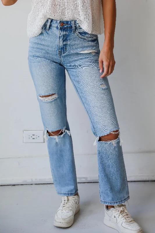 White Jeans for Fresh Look -Eliza Medium Wash High-Rise Straight Leg Distressed Jeans