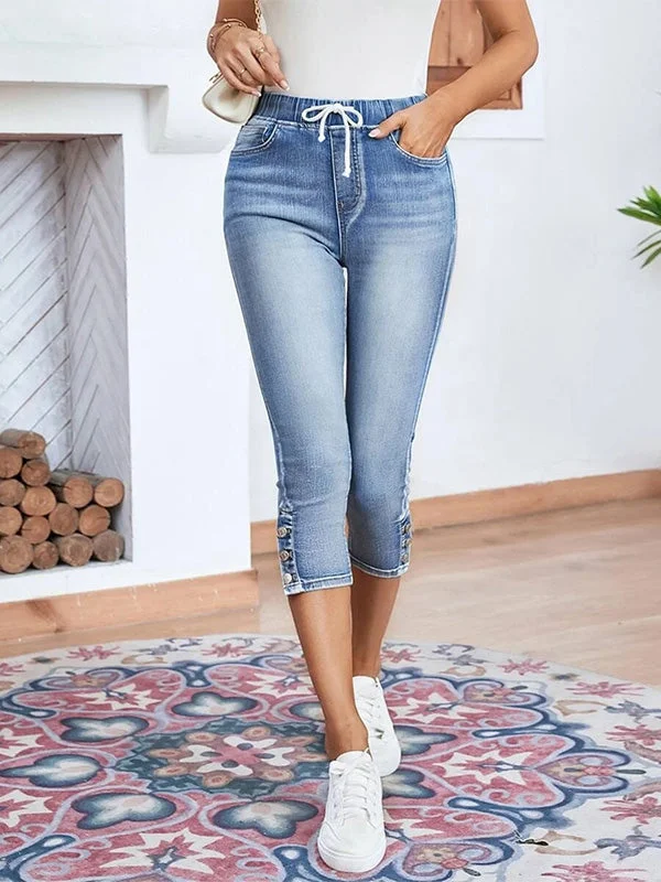 Shopping Jeans for Convenient -Drawstring Elastic Waist Button Slit Stretch Denim Capri