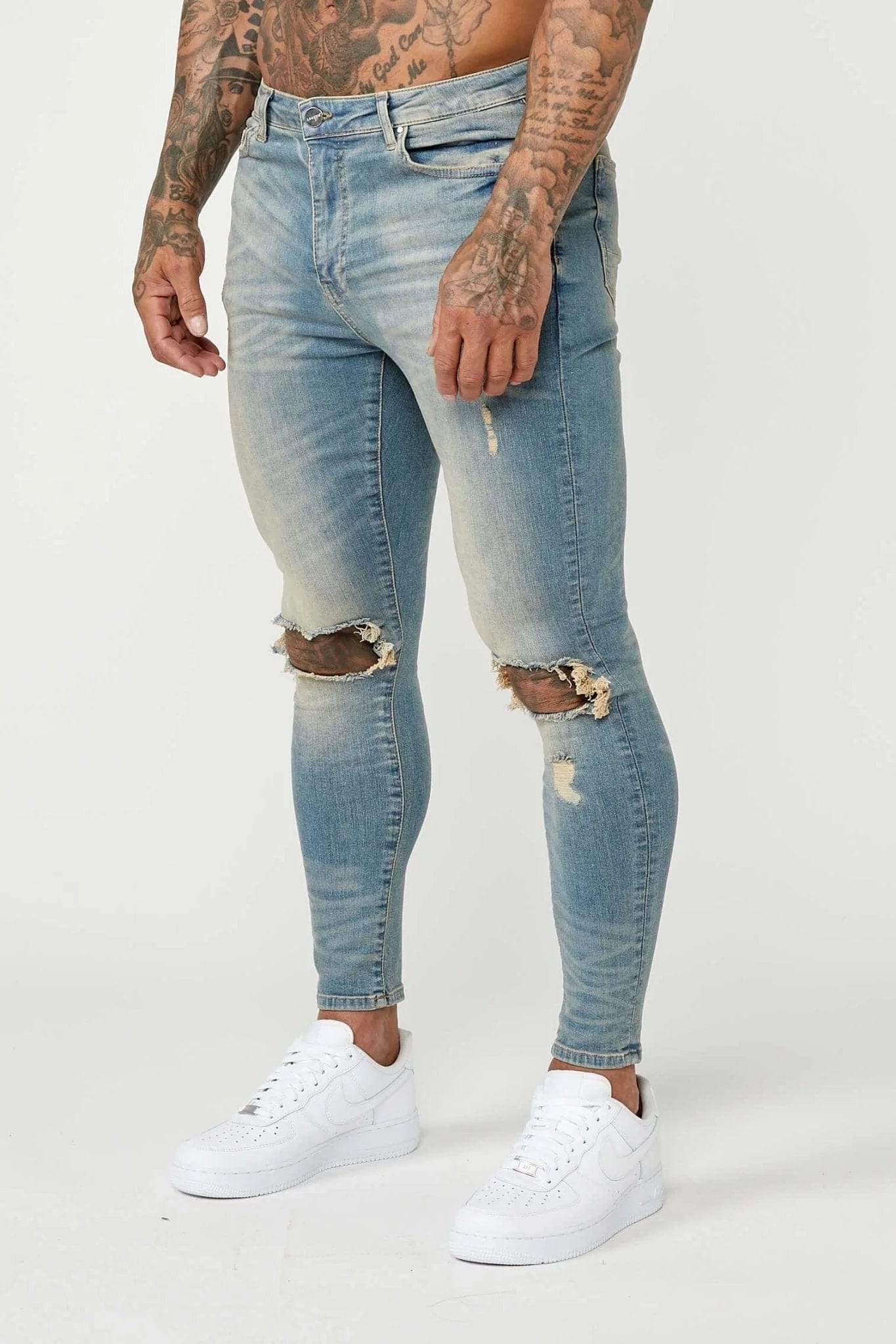 Fringed Jeans for Western -PREMIUM SKINNY FIT JEANS DESTROYED KNEE- STONE WASH