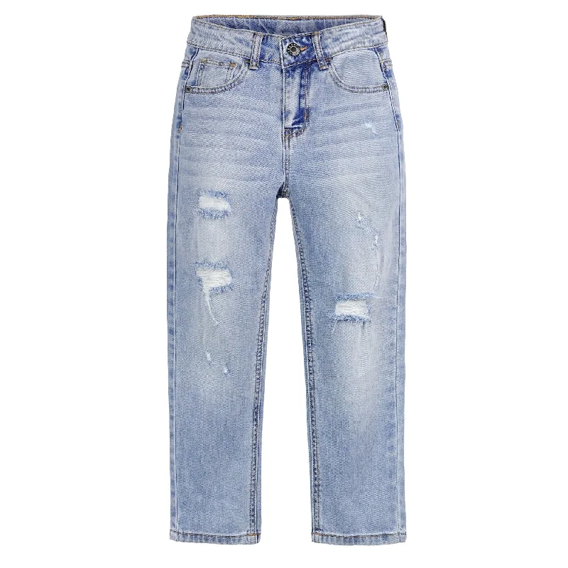 Button Fly Jeans for Traditional -Boy Girl Jeans Little Kid Elastic Band Inside Ripped Denim Pants