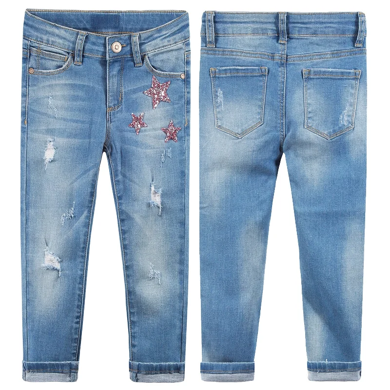 Hunting Jeans for Woods -Slim Ripped Pink Sequin Stars Girls Jeans