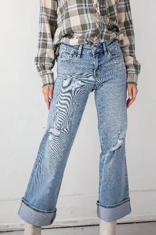 Back Pocket Jeans for Design -Maggie Light Wash Mid-Rise Cuffed Ankle Wide Jeans