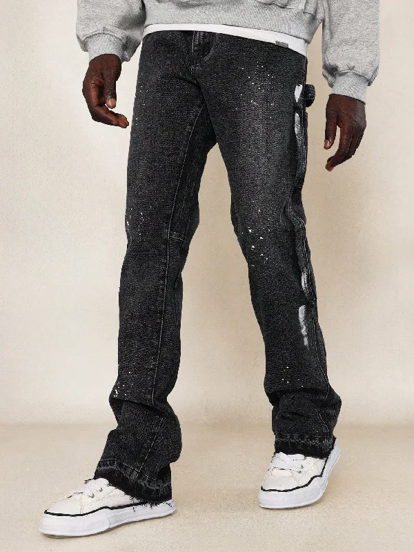 Leather Trim Jeans for Luxury -Slim Fit Raw Edge Jean With Splatter Paint