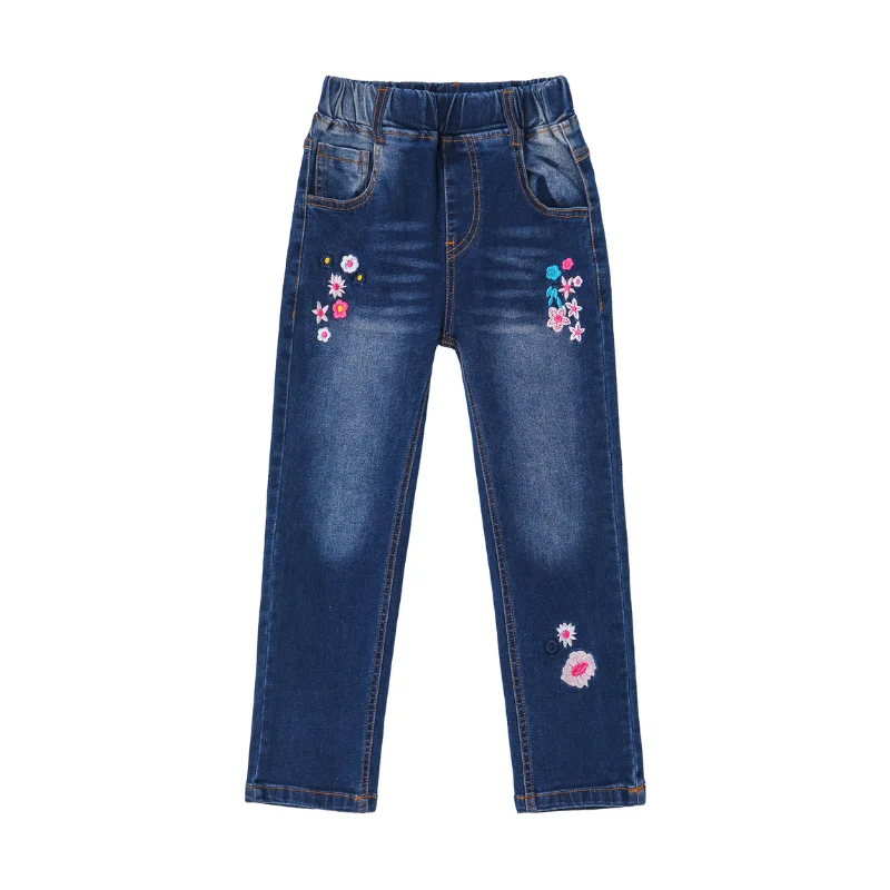 Faded Jeans for Laid-back -Girls Embroiderd Flower Decor Slim Jeans Pants