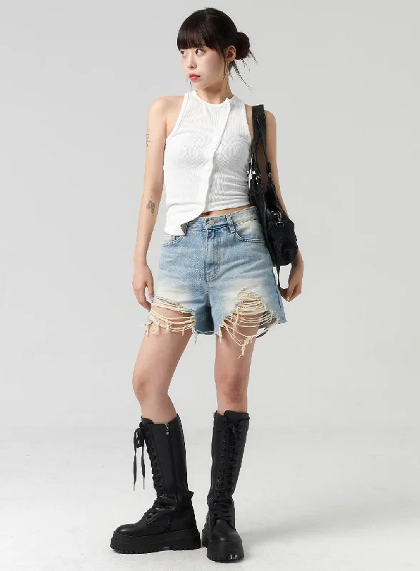 Trendy denim shorts for women with distressed details for an edgy, modern look-Light Ripped Denim Shorts CL318