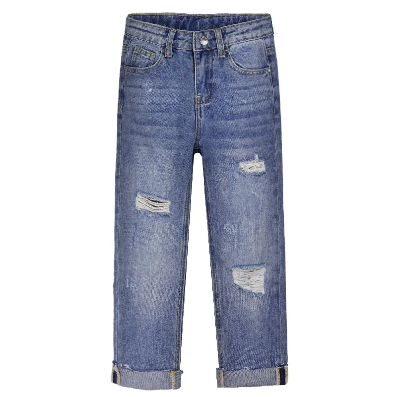 Back Pocket Jeans for Design -Kids Ripped Elastic Band Inside Rolled Up Raw Edge Leg Slim Jeans