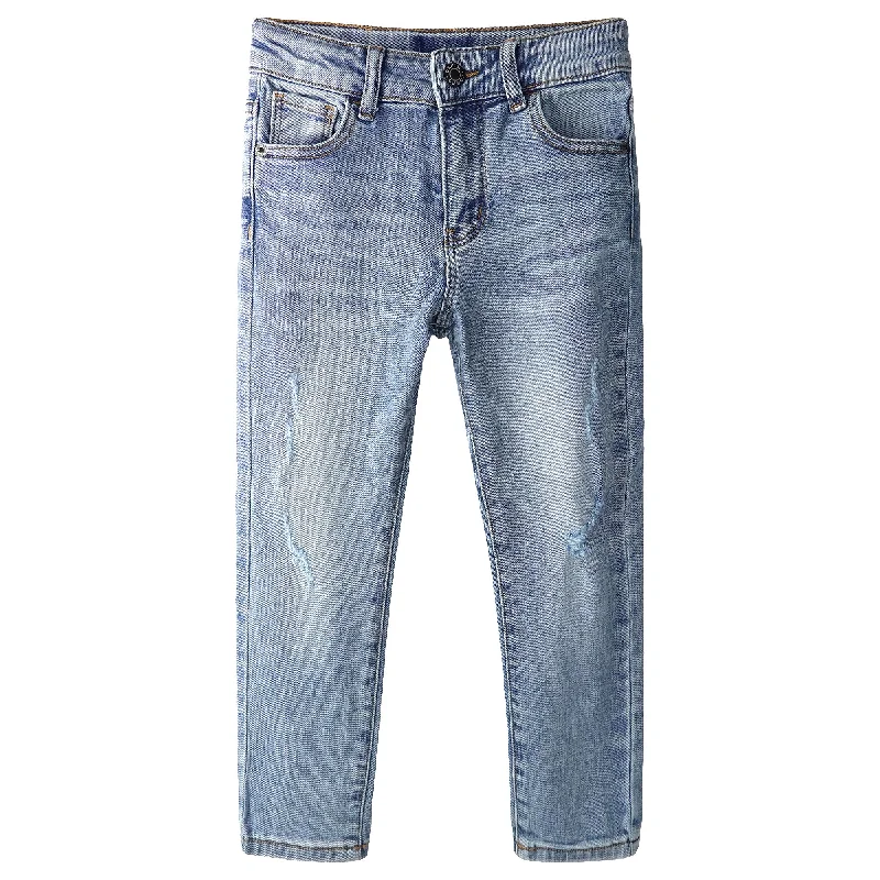 School Jeans for Uniform -Little Girls Jeans, 5-14T Washed Distressed Elastic Waistband Inside Stretchy Denim Pants