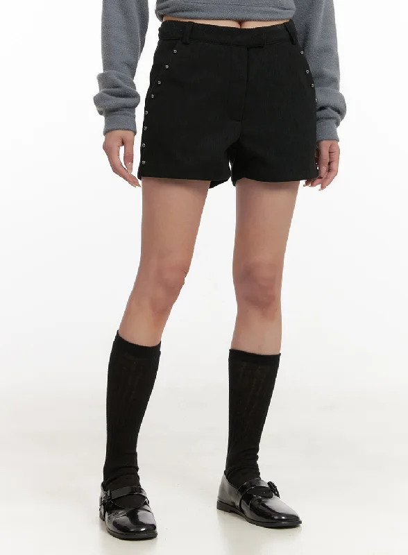 Trendy denim shorts for women with distressed details for an edgy, modern look-Stud Detail Shorts CD406