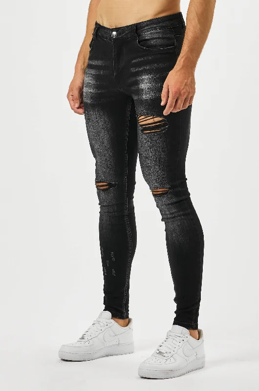 Rolled Shorts Jeans for Style -SKINNY FIT JEANS MULTI RIP - CHARCOAL WASH