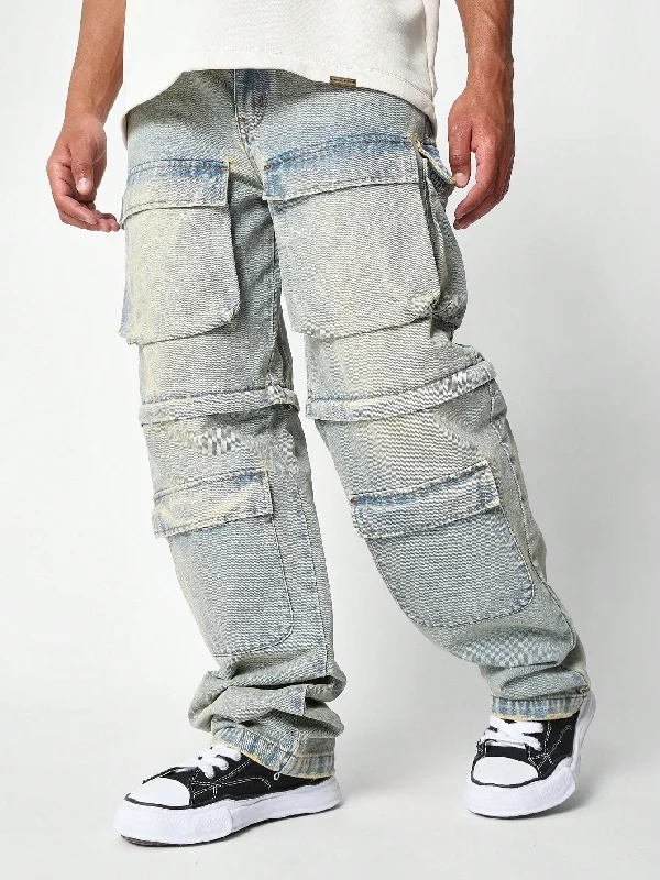 Recycled Jeans for Green -Washed Skater Fit Hybrid Multi Pocket Cargo Jean