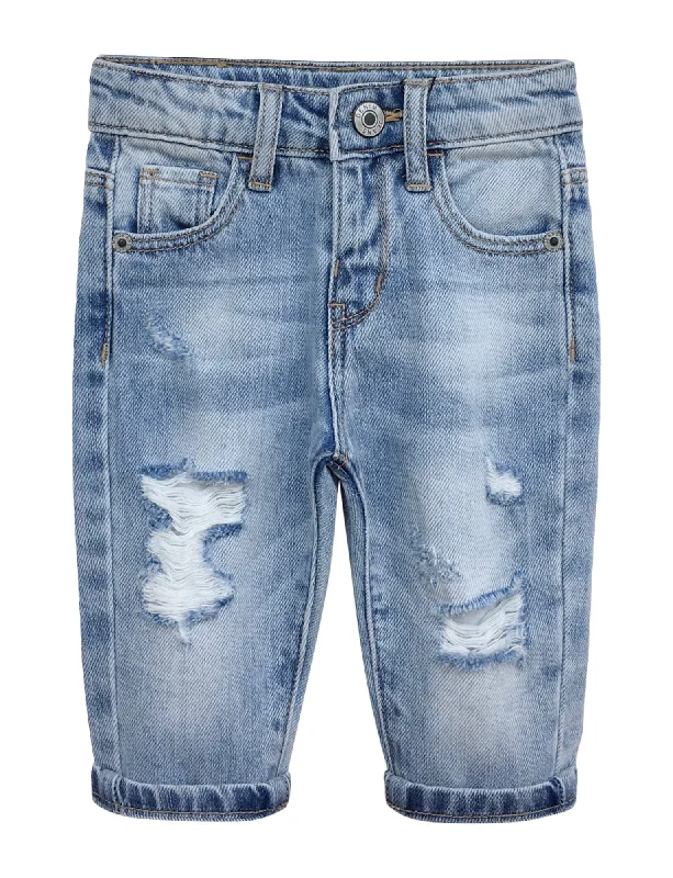 Casual Friday Jeans for Relaxed -Infant Jeans,Baby Toddler Elastic Band Inside with D-ring Distressed Soft Denim Pants