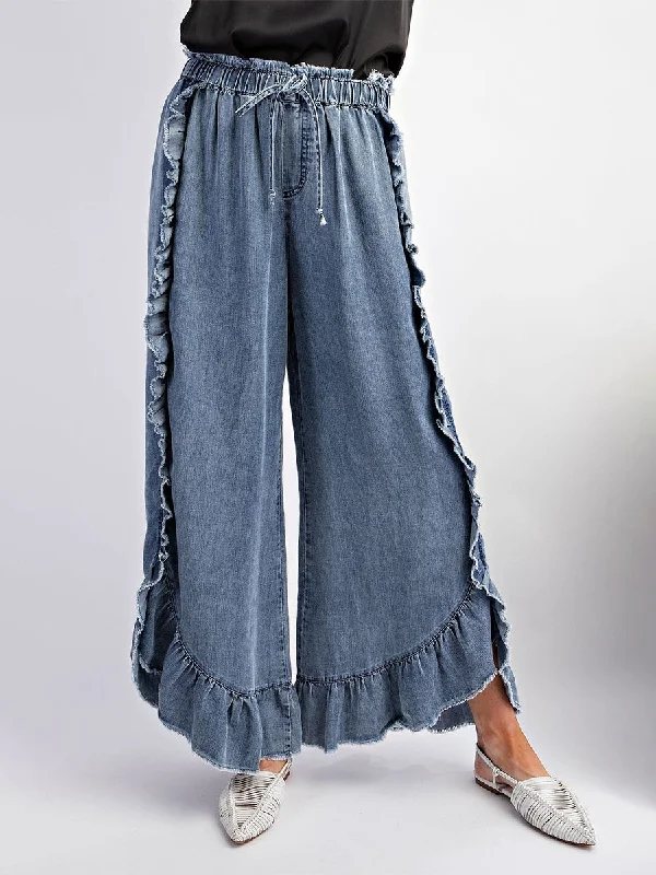 Mom Jeans for Vintage Appeal -Loose Fit Drawstring Ruffle Wide Leg Denim Pants