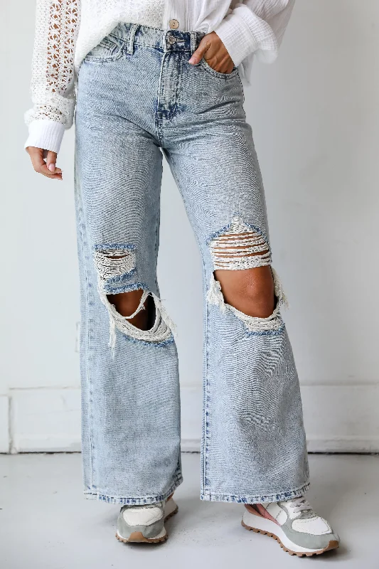 Acid Wash Jeans for Vintage -Hadley Light Wash Super High-Rise Wide Leg Distressed Jeans