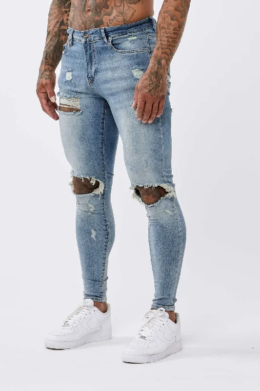 Boyfriend Jeans for Relaxed -SKINNY FIT JEANS RIPPED & REPAIRED - STRONG WASHED MID BLUE