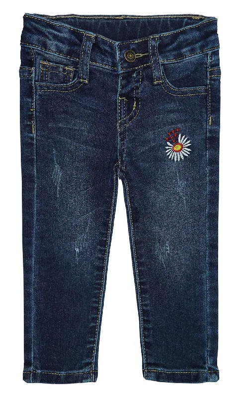 Dark Wash Jeans for Elegance -Baby Little Girls Floral Embroidered Denim Soft Slim Pants Jeans