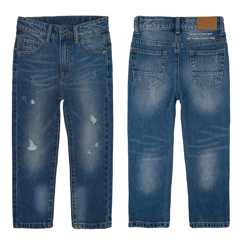 Distressed Jeans for Edgy Style -Boys Jeans Elastic Band Inside Ripped Straight Line Denim Pants