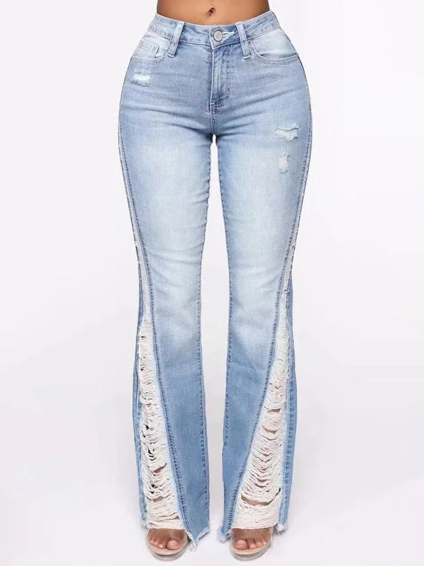 Low Waisted Jeans for Casual -Side Seam Ripped Flare Jeans - Light Blue