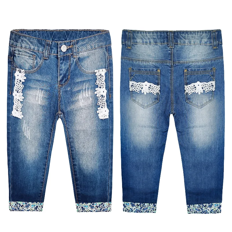 Mother's Day Jeans for Gift -Girls Lace Patched Bottom Ripped Cuffed Jeans