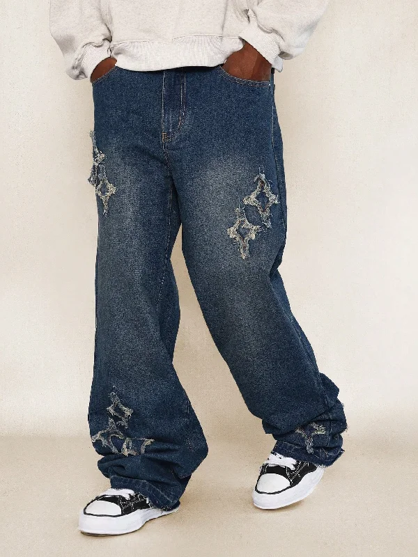 Painted Back Pocket Jeans for Artistic -Straight Fit Jean With Star Applique All Over