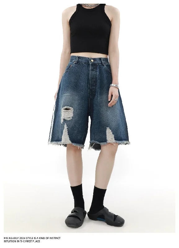 High-waisted shorts for women with flattering cuts and trendy designs-Striped Raw Edge Ripped Denim Shorts