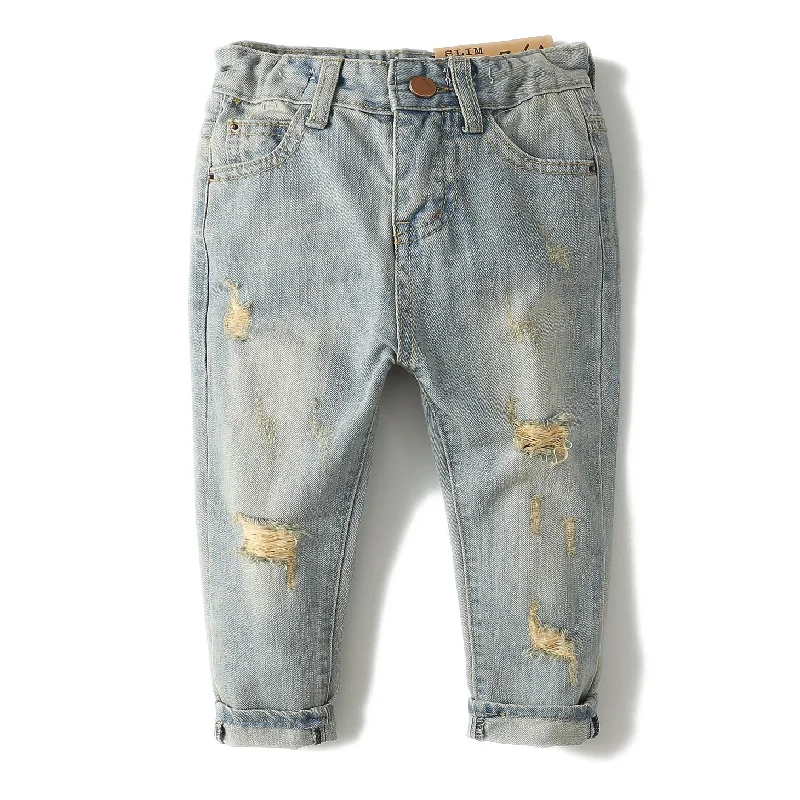 Organic Jeans for Natural -Kids Jeans Elastic Band Inside Ripped Denim Pants