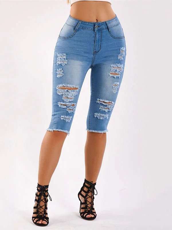 Denim Jeans for Durability -Ripped Stretch Denim Capri Pants