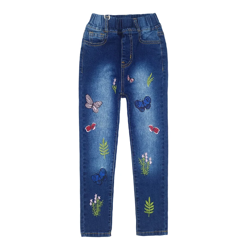 Five Pocket Jeans for Storage -Girls Butterfly Grass Embroidered Slim Jeans Floral Pants