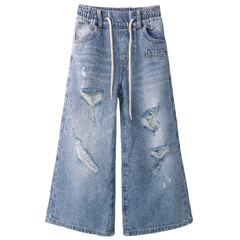 Father's Day Jeans for Present -Little Girls Ripped Denim Pants, 5-14T Wide-leg Loose Elastic Waist with String Flared Jeans