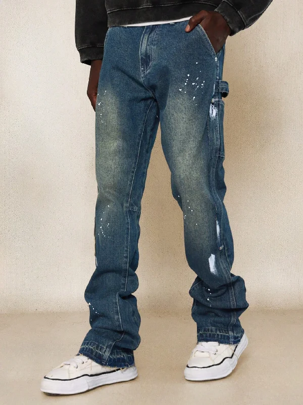 Button Fly Jeans for Traditional -Flare Fit Carpenter Denim Jean With Splatter Paint