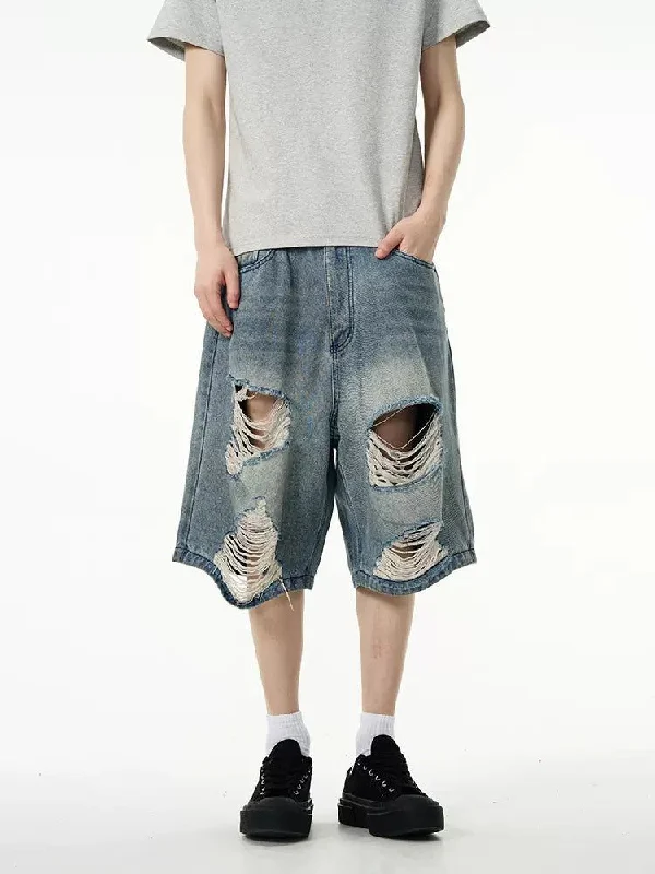 Comfortable and casual shorts for men with soft cotton fabric for daily wear-Distressed Knee Denim Shorts