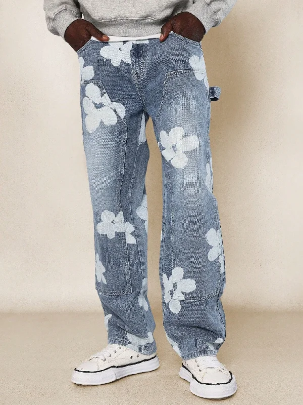 Mom Jeans for Vintage Appeal -Straight Fit Floral Printed Carpenter Jean