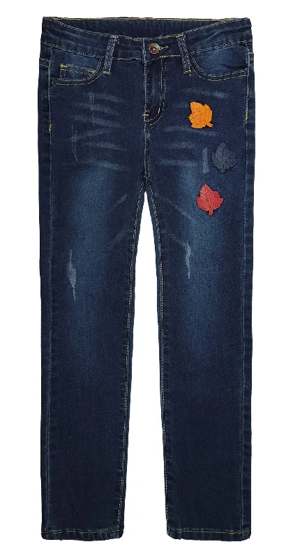 Embroidered Jeans for Detail -Big Girls Elastic Band Maple Leaf Decor Ripped Stretchy Soft Denim Pants Jeans